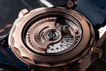 Caseback of Omega Seamaster Diver 300m showing movement of a luxury dive watch