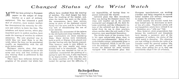 1916 NY Times article on the Changed Status of the Wrist Watch