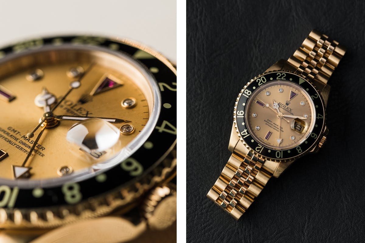 In Focus Rolex GMT Master 16758 Yellow Gold Champagne Serti Dial