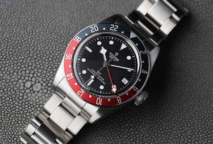 Tudor Black Bay GMT watch with red and blue bezel and fourth GMT hand