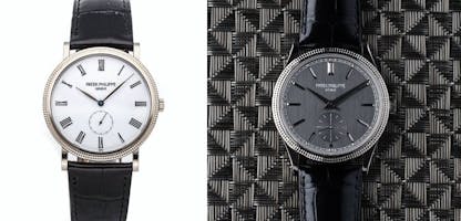 Patek Philippe Calatrava 5119G dress watch with Roman numerals and hobnail bezel. Patek Philippe Calatrava 6119G manual wind watch with charcoal gray dial.