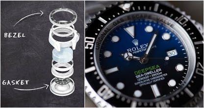 Rolex Sea-Dweller Deepsea watch face with blue to black gradient dial and detailed bezel assembly diagram