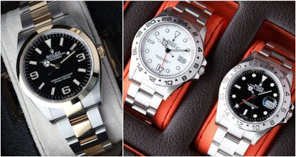 Rolex Explorer and Rolex Explorer II watches in black and white dial variations