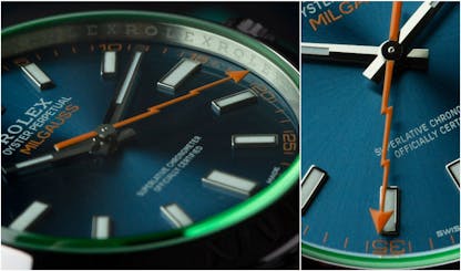 Green Crystal and Lightening Bolt Detail on Milgauss