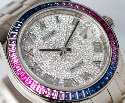 Rolex Datejust gem set dial set with rainbow sapphire bezel and pave diamonds 