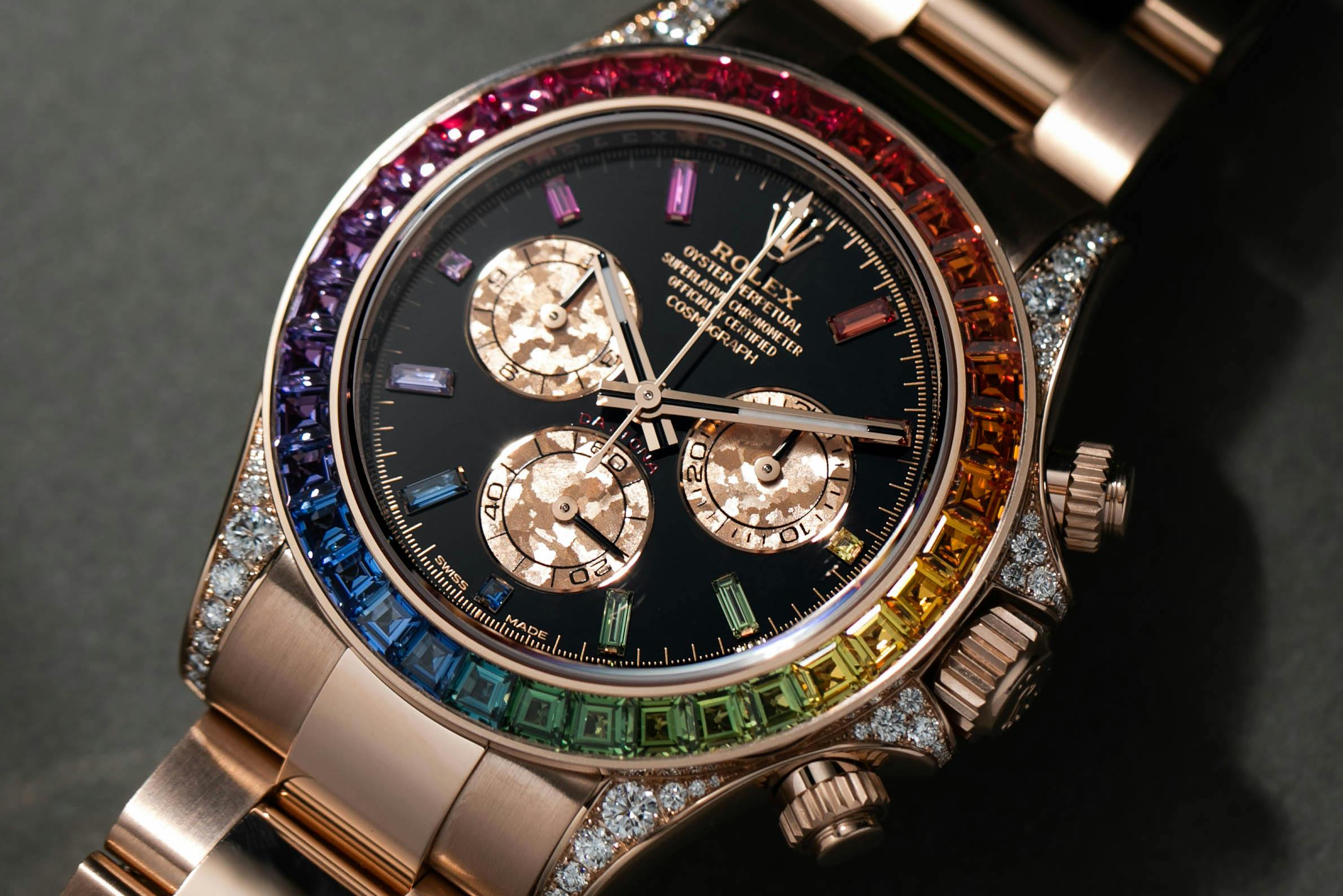 Gold rolex discount with rainbow diamonds