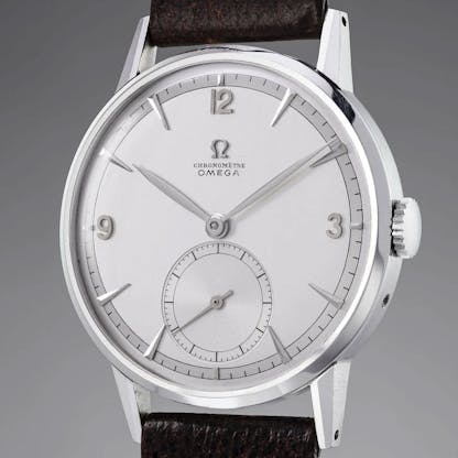 Omega wristwatch tourbillon, movement, completed and cased in 1947. Image, Phillips