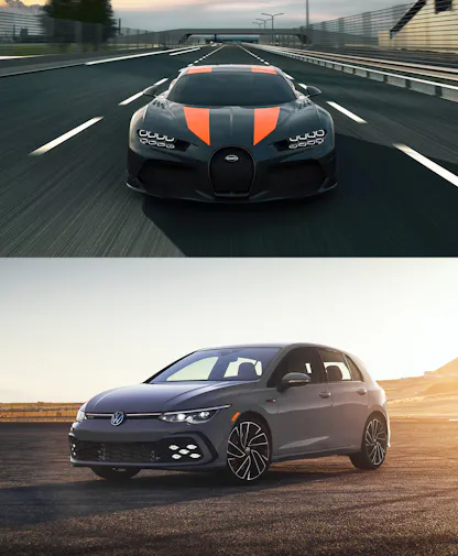 Volkswagen Golf GTI and Bugatti Chiron Supersport 300+